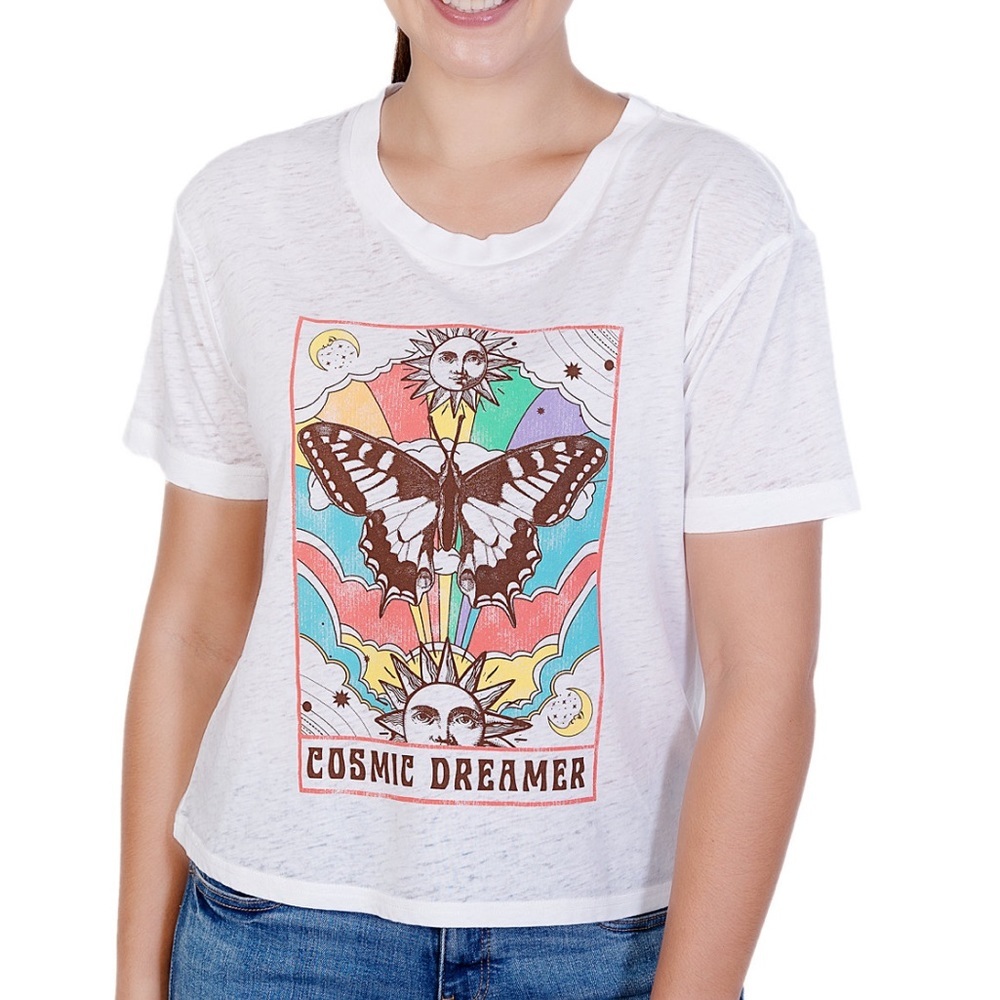 Rebellious One Short Slv Cosmic Dreamer Butterfly Graphic White Burnout Tee- NWT